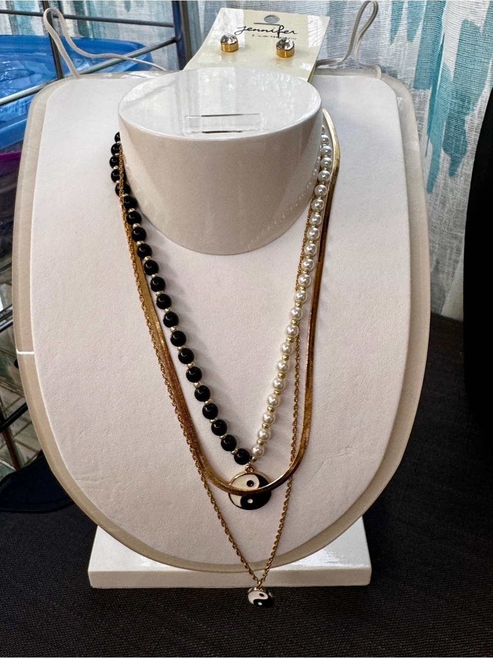 Jenni Layered Gold Necklace with Black Beads, Pearls & Yin Yang Pendants